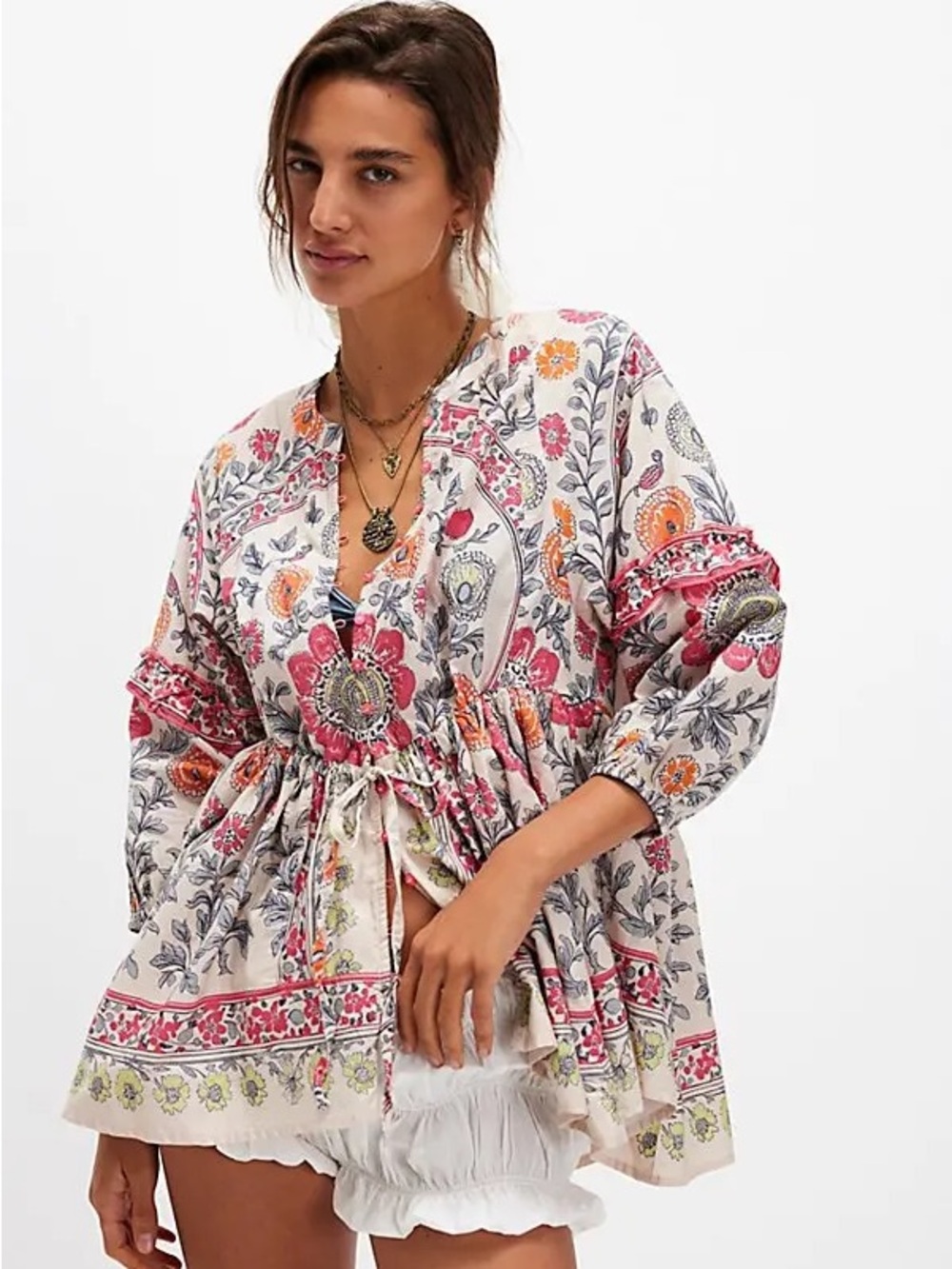 Free People Avery Tunic Puff Sleeves Cinched Waist Floral Peasant Statement Top